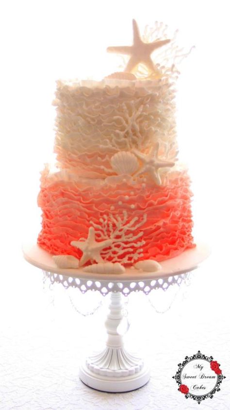 Ombre Coral Wedding Cake - Cake by My Sweet Dream Cakes                                                                                                                                                                                 More Coral Wedding Cakes, Beach Wedding Cakes, Beach Theme Wedding Cakes, Wedding Cake Ombre, Sea Cakes, Beach Cakes, Beach Wedding Cake, Ombre Cake, Wedding Cakes Blue