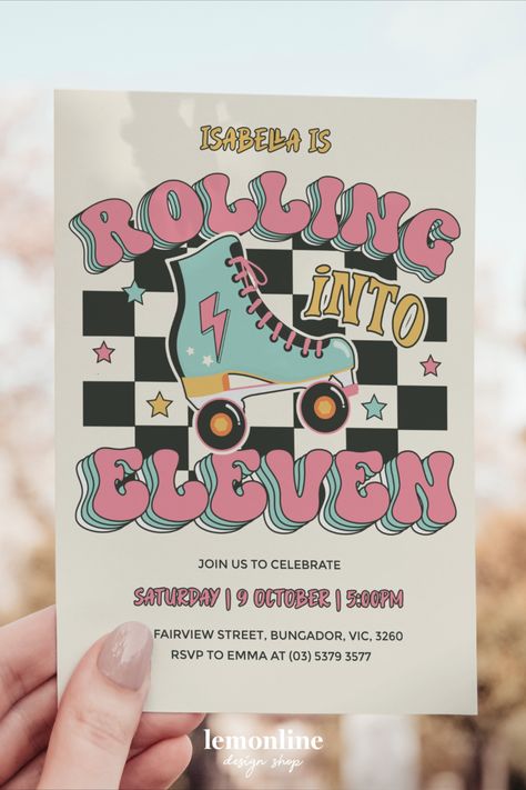 Get ready to roll with our awesome Roller Skate Invitation! This invitation is perfect for an epic 11th birthday party at the rink or at the park. Lace up your skates, gather your crew, and get ready to have a blast on wheels. Don't miss out on the fun—grab your invitation and let's roll into an unforgettable celebration! #rollerskate #skateinvite #rollerskateinvite Roller Skate Rink, Roller Skate Invitations, Skate Rink, Skate Invitations, Roller Skating Birthday Invitations, Teenager Party, Skate Birthday Party, Roller Skate Birthday, Cr7 Vs Messi