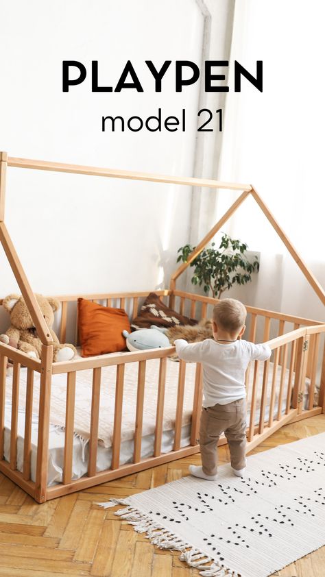 House Platform Playpen Bed is made of high-quality natural, solid and durable Alder wood. For painting, we use eco-friendly, water-based varnish and paints. Materials do not emit harmful substances and do not cause an allergic reaction. Playpen Bed, House Reference, Toddler Play Area, Playpen Baby, Montessori Bedroom, Montessori Bed, Montessori Room, Baby Playpen, Fall Protection