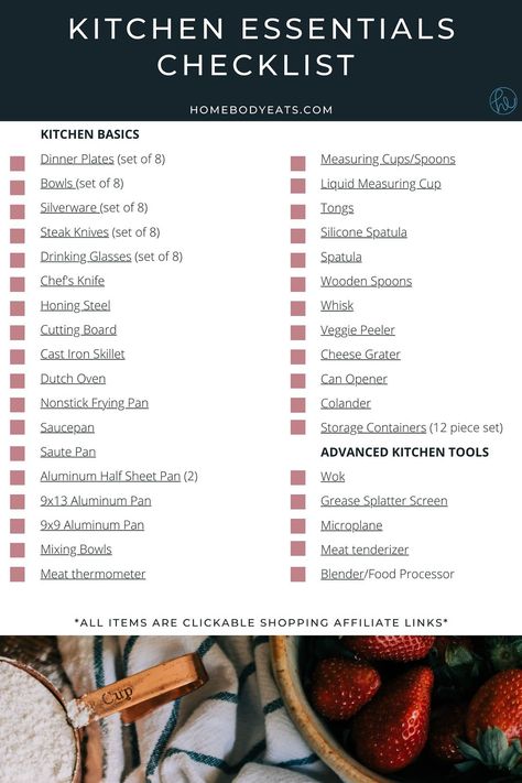 The ultimate kitchen supply list includes everything you'll need to buy for the kitchen in your new house, first apartment or home, or even after a remodel. This essentials checklist includes basic (and advanced) tools that every home cook needs in their kitchen. The list is built with budget-conscience, high-quality tools that will last! A complete free printable checklist is included! Kitchenware Checklist, Kitchen Basics List Food, Essential Kitchen Utensils List, Kitchen Registry Checklist, Basic Kitchen Essentials List, New House Must Haves List, New Home Essentials List, Kitchen Supplies List, Dual Knives