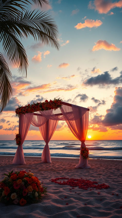 A romantic beach wedding setting at sunset, with a floral canopy, and flower petals laid on the sandy beach. Sunset Beach Wedding Photos, Elegant Beach Wedding Decorations, Wedding Outline, Beach Wedding Setup, Beach Wedding Red, Beach At Dusk, Sunset Beach Wedding, Sunset Beach Weddings, Beach Wedding Colors