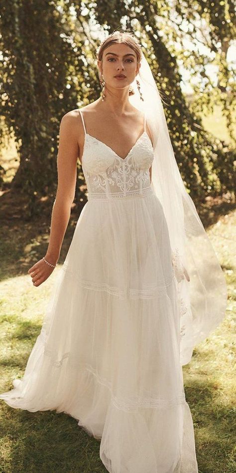 27 Bohemian Wedding Dress Ideas You Are Looking For ❤  bohemian wedding dress a line with spaghetti straps lace sweetheart neckline davidsbridal #weddingforward #wedding #bride Wedding Dresses With Sleeves Mermaid, Petite Bride, Wedding Dresses A, Wedding Dress A Line, Wedding Dresses A Line, Bridal Corset, Wedding Dress Ideas, Rustic Wedding Dresses, Bridal Shower Dress