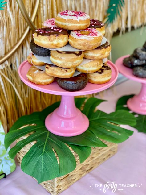 Donut Hut birthday party by The Party Teacher - donut stack cake Dunk And Donuts Pool Party, Donut Stack, Luau Crafts, Tropical Party Foods, Stack Cake, Luau Party Favors, Doughnut Party, Donut Birthday Party, Bacon Donut