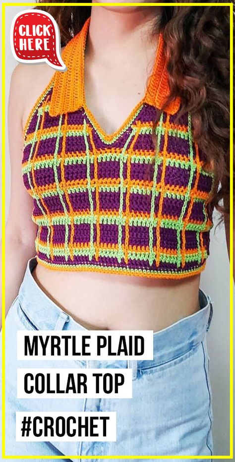 crochet Myrtle Plaid Collar Top easy pattern - Easy Crochet Top Pattern for Beginners. Click to Try the Pattern #Top #crochetpattern #crochet via @shareapattern.com Checkered Crochet Top Pattern, Crochet Collared Top, Crochet Top With Collar, Crop Top Crochet Pattern Free, Crochet Collar Top, Diy Crochet Top Pattern, Crop Tops Crochet, Crochet Crop Top Pattern Free, Diy Crochet Top