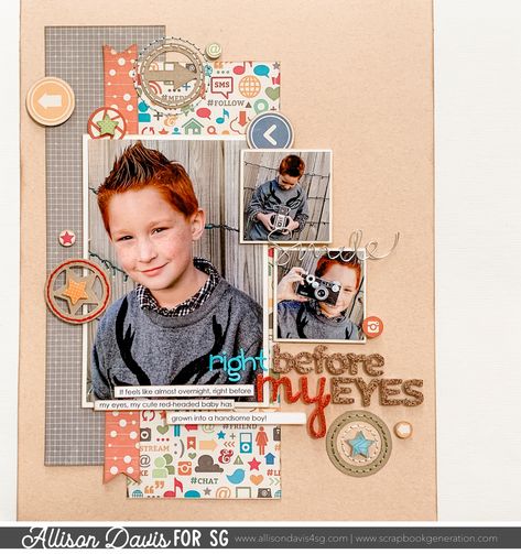 Scrapbooking Quick Tip: Using a Stitched Circle to Highlight an Embellishment Picture Layout, Allison Davis, Scrapbook Generation, Can't Help Myself, Scrapbook Design Layout, Scrapbook Design, Baby Scrapbook Pages, Scrapbook Boys, Baby Boy Scrapbook