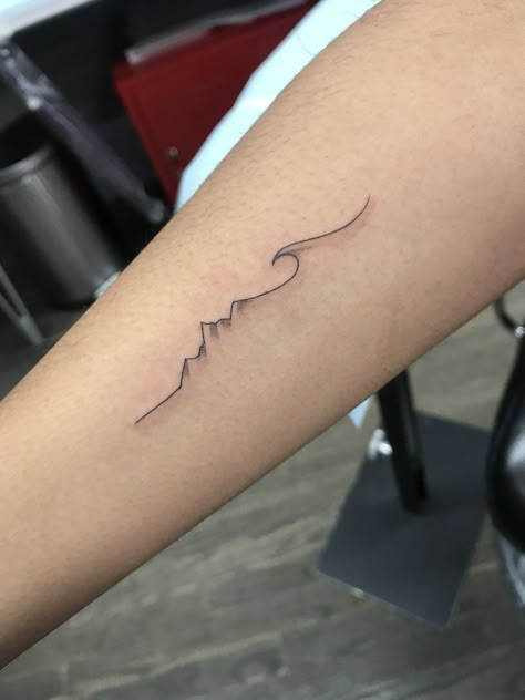 Mountain Surf Tattoo, Detailed Wave Tattoo, Mountain Waves Tattoo, Water And Mountain Tattoo, Ocean Tattoo Men, Wave Mountain Tattoo, Wave And Mountain Tattoo, Mountain Wave Tattoo, Western Tattoos Ideas