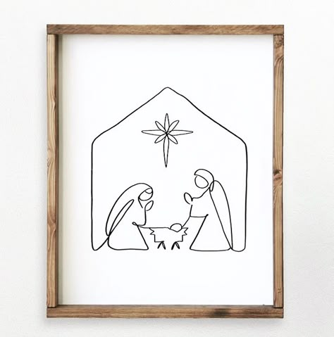 Christmas Drawing Nativity, Nativity Scene Line Drawing, Nativity Scene Outline, Diy Christmas Cards Nativity, Simple Manger Scene Drawing, Simple Nativity Art, Modern Nativity Painting, Nativity Scene Line Art, Christmas Wood Burning Patterns