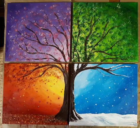 All Seasons Painting, Temperature Painting Ideas, 4 Section Painting, Seasons Painting Ideas, 4 Season Painting Ideas, 6 Seasons Painting, Acrylic Painting Seasons, Different Seasons Painting, Four Paintings Together