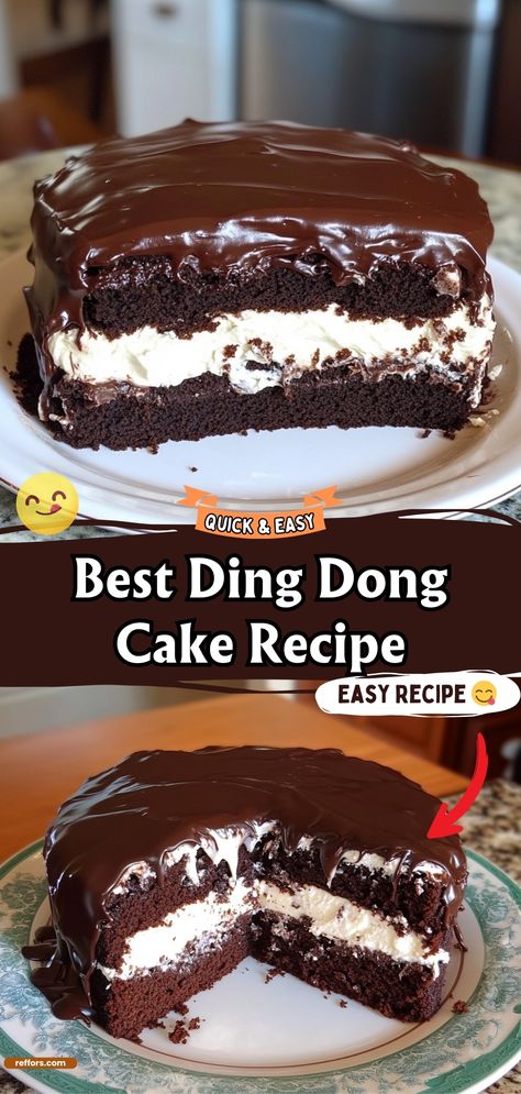 Ding Dong Cake Ding Dong Cake Mix Recipe, Chocolate Ding Dong Cake, Dong Dong Cake, Fudge Round Cake Recipes, Chocolate Hoho Cake Recipe, Dingdong Cake Recipe, Ding Dong Cake With Cream Cheese Filling, Chocolate Ding Dong Cake Recipe, Ring Ding Cake Recipe