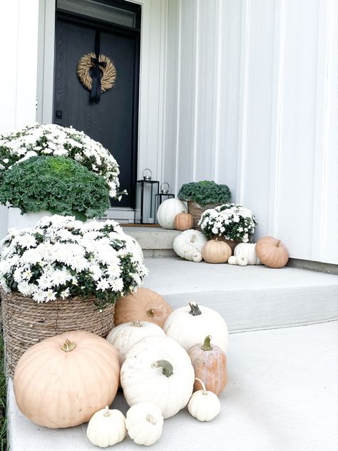 White Mums And Pumpkins, Outdoor Corner Fall Decor, Fall Porch Pumpkin Display, White Pumpkins Front Porch, Mums Front Door, Outdoor Mum Display, White Mums Front Porch, Pumpkin Porch Display, Front Porch Mums Fall Decorating