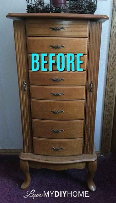 You have to see this stunning makeover! Jewelry Cabinet Armoire, Refurbish Jewelry Armoire, Painted Jewelry Armoire Diy, Jewelry Box Make Over, Refinishing Jewelry Armoire, Standing Jewelry Box Makeover, Painting Jewelry Armoire, Jewelry Stand Makeover, Diy Jewelry Armoire Ideas