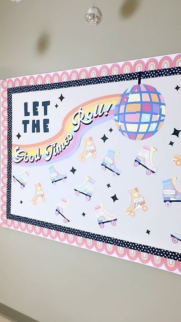 Stephanie & Loreal on Instagram: "We are so excited to let the good times roll into another school year 🛼💕☮️ Skate in with your groovy class and get funky with the easiest editable and printable bulletin board for back to school!! Link in our stories! #teachersfollowteachers #iteach #teachersofinstagram #teachersofig #classroomdecor #bulletinboard #bulletinboardideas #bulletinboards #carsondellosa #classroommakeover #classroomsetup #backtoschool #decoratewithme #artteacher #teacherreel" Cute Kindergarten Bulletin Board Ideas, Retro Bulliten Board, Retro Theme Bulletin Board, Let The Good Times Roll Bulletin Board, Groovy Hallway Decor, Roller Skate Bulletin Board, Disco Theme Bulletin Board, Classroom Announcement Board, Groovy Aesthetic Classroom