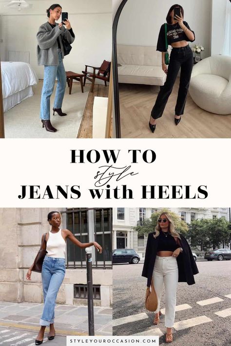 Looking for stylish jeans and heels outfit ideas? This list of jeans and heels outfits has tons of options for spring, summer, fall, and winter. Whether you want heels and jeans for a night out at the club, a dressy option for date night, a casual going out look, or classy jeans with heels and blazer for work, you’ll find the perfect aesthetic here! Jeans And Heels Outfit Dressy Classy, Outfit Ideas Dressy Casual, Blue Jeans Outfit Winter, Low Heels Outfit, Block Heels Outfit, Heels Outfit Ideas, Jeans And Heels Outfit, Blue Jean Heels, Dressy Jeans Outfit