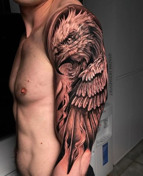 Demon Bird Tattoo, Eagle Tattoo Forearm, Eagle Tattoo Arm, Eagle Shoulder Tattoo, Shoulder Tattoos For Men, Eagle Chest Tattoo, Tato 3d, Bald Eagle Tattoos, Underarm Tattoo