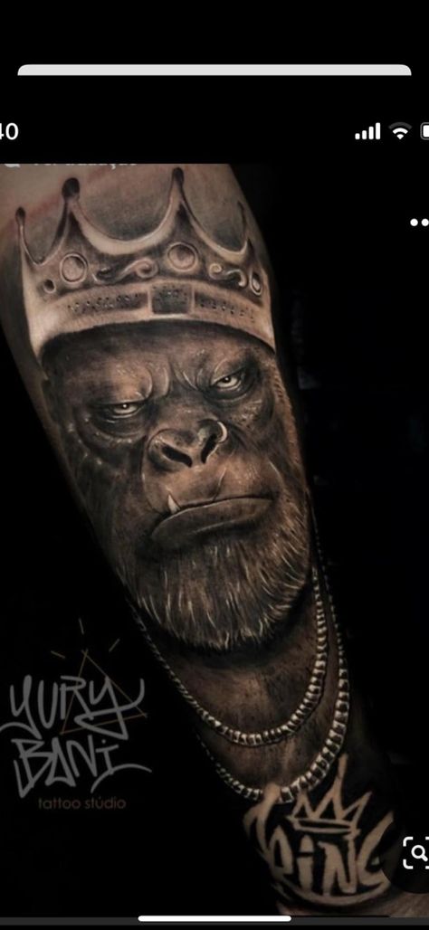 Gorilla King Tattoo, Mens Gorilla Tattoo, Gorilla Arm Tattoo, Gorilla Chest Tattoo Men, Gorilla Tattoos For Men, Gorilla With Crown Tattoo, Exotic Tattoos Men, Gorrila Tattoos Men, Gorilla Tattoo Sleeve