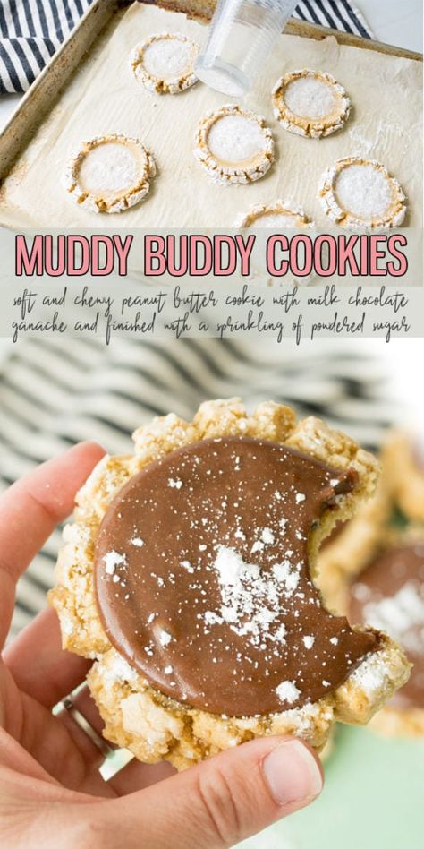 Muddy Buddy Cookies are a mega soft Peanut Butter Cookie with Milk Chocolate Ganache, sprinkled with powdered sugar. This is a top notch cookie that it completely beginner friendly! Give them a try today! |Cooking with Karli| #cookies #recipe #peanutbutter #chocolateganache #muddybuddies #recipe Muddy Buddy Cookies Recipe, Gourmet Cookies Recipes, Muddy Buddy Cookies, Crumble Cookie Recipe, Gourmet Cookie, Muddy Buddy, Cooking With Karli, Soft Peanut Butter Cookies, Milk Chocolate Ganache