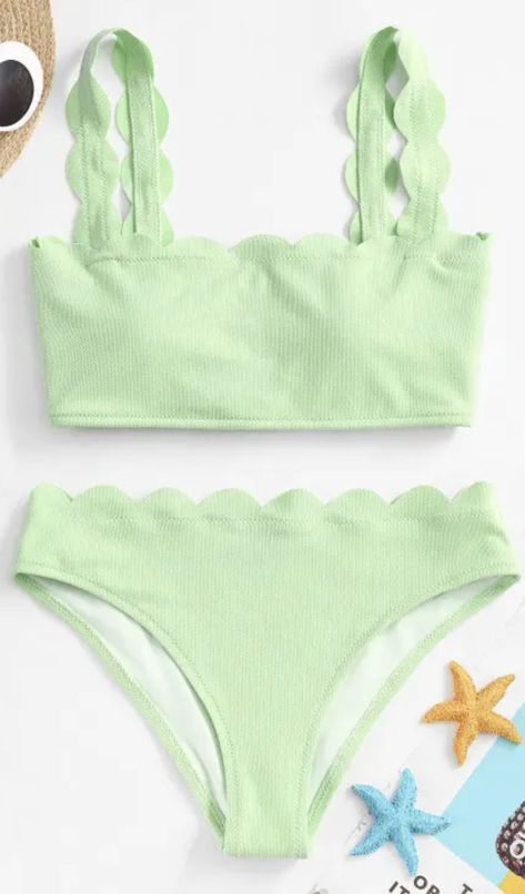 Textured Scalloped Bikini | Swimsuit - Pastel Green | Kawaii | Harijuku Vibes | Sponsored Pastel Swimsuit, Sage Swimsuit, Pastel Swimsuit Aesthetic, Cute Pastel Bikinis, Kawaii Pink Bikinis, Greece Outfit, High Waisted Tankini, Swimwear High Waisted, Green Swimsuit