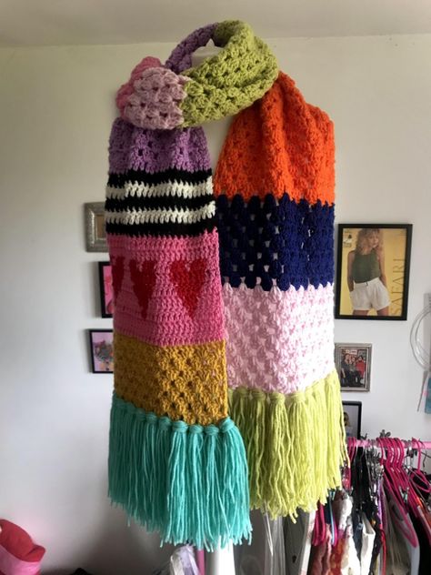 Dopmaine crochet scarf Crochet pattern by Realm Designs Realm Designs, Funky Crochet, Funky Scarves, Crocheted Scarf, Crochet Mittens, Scarf Crochet, Crochet Square Patterns, Scarf Crochet Pattern, Crochet Square