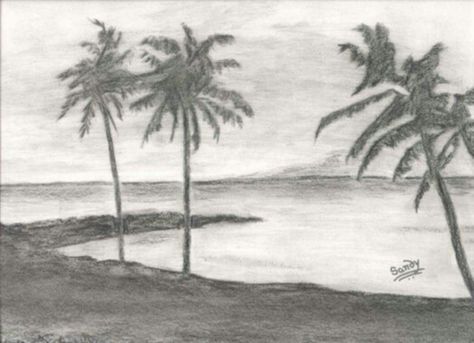 Drawing Ideas Beach, Scenery Drawing Pencil, Draw Scenery, Easy Scenery Drawing, Shading Drawing, Beach Drawing, Drawing Scenery, Landscape Sketch, Pencil Drawings Easy