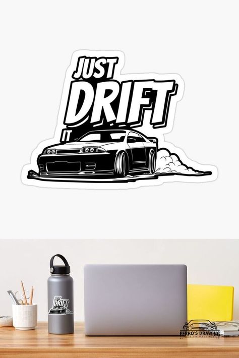 Monochrome design of drifting car illustration with quote "just drift it". This illustration fit for jdm car lovers or drift race enthusiasts. | #jdm #nissan #gtr #r32 #drift #race Drift Cars Drawing, Car Drifting Drawing, Drift Car Drawing, Car Drift Drawing, Drift Car Sticker, Drifting Cars, Monochrome Design, Car Illustration, Drift Cars