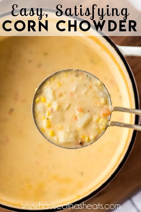 There is nothing quite as satisfying as a big bowl of this Corn Chowder recipe made with fresh (or frozen) sweet corn and tender potatoes. This version is a perfect blend of seasonings and gets a little extra love from a sprinkling of crispy bacon and green onions on top right before serving. #corn #chowder #cornchowder #best #easy #homemade #fromscratch #potatoes #bacon #soup #fresh #canned Best Corn Chowder Recipe, Church Potluck Recipes, Soup Dishes, Soup Maker Recipes, Soup Beans, Corn Chowder Recipe, Bacon Soup, Soup Maker, Soup Dish