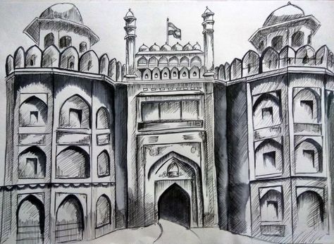 Red Fort sketch using charcoal pencil. Shivaji Maharaj Fort Drawing, Red Fort Drawing Sketch, Fort Drawing Easy, Red Fort Sketch, Indian Monuments Sketches, Red Fort Drawing, Fort Sketch, Fort Drawing, Shaded Drawings