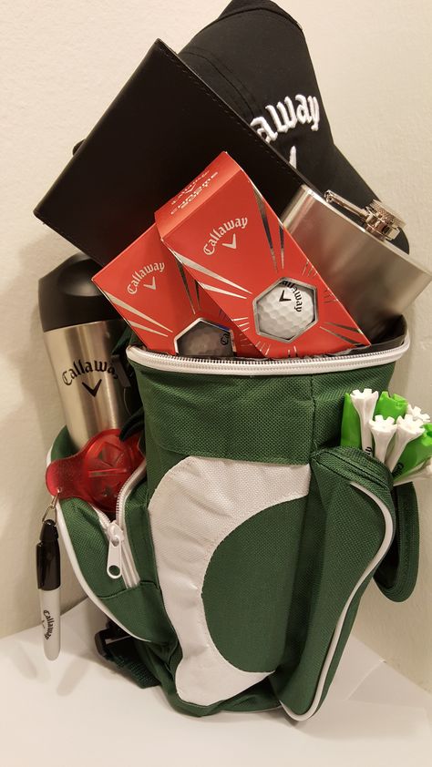 Raffle Gift Basket Ideas, Golf Tournament Gifts, Auction Gift Basket Ideas, Golf Fundraiser, Fundraiser Baskets, Golf Birthday Gifts, Golf Ball Gift, Room Parent, Auction Basket