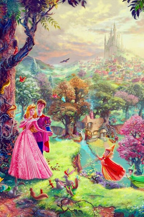 Sleeping Beauty Wallpaper, Kinkade Disney, Thomas Kinkade Disney, Beauty Iphone Wallpaper, Art Thomas, Disney Princess Aurora, Disney Paintings, Disney Fine Art, Images Disney