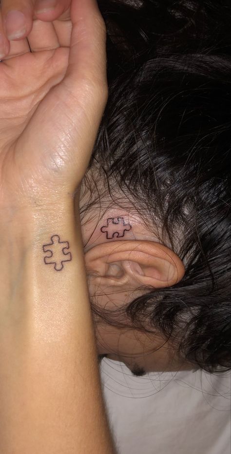 Matching Tattoos For Uncle And Niece, Puzzle Piece Tattoo Behind Ear, Matching Tattoo Puzzle Piece, Puzzle Piece Tattoo 3 Friends, Minimalist Puzzle Piece Tattoo, Crappy Tattoos, Dainty Puzzle Piece Tattoo, Puzzle Piece Tattoo Siblings, Puzzle Piece Tattoos