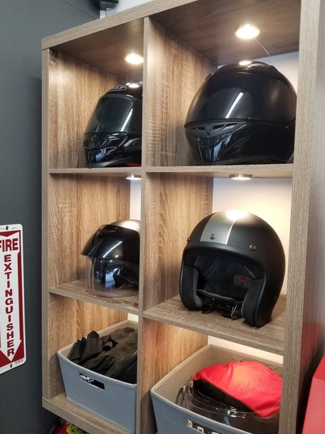 Motorcycle helmet and gear storage cabinet for my garage Helmet Storage Ideas Diy, Garage Helmet Storage Ideas, Motorcycle Helmet Shelf, Motorbike Gear Storage, Motorbike Helmet Storage, Helmet Storage Ideas At Home, Motorcycle Gear Organization, Biker Garage Ideas, Motorcycle Gear Storage Ideas