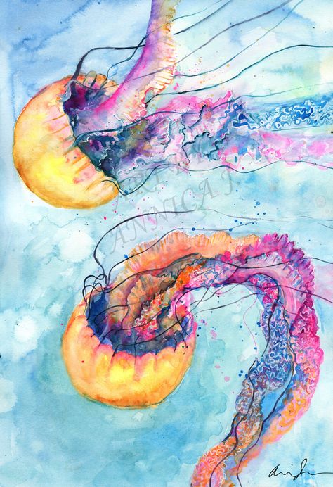 Sea Animal Art, Fish Watercolor Painting, Watercolor Jellyfish, Fish Watercolor, Leopard Wall Art, Leopard Watercolor, Sea Turtle Art, Leopard Art, Wolf Painting