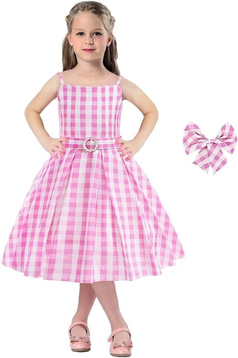 Childs Barbie Costume Plaid Dress Outfit, Pink Plaid Dress, Belt Bow, Costume Princess, Princess Halloween Costume, Barbie Costume, African Wear Dresses, Princess Cosplay, Baby Frocks Designs