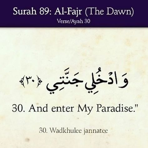 [To the righteous it will be said], "O reassured soul, Return to your Lord, well-pleased and pleasing [to Him], And enter among My [righteous] servants And enter My Paradise." - (Qur'an, al-Fajr, The Dawn [89]:27 to 30 of 30) The Dawn, Quran, Paradise, Quick Saves