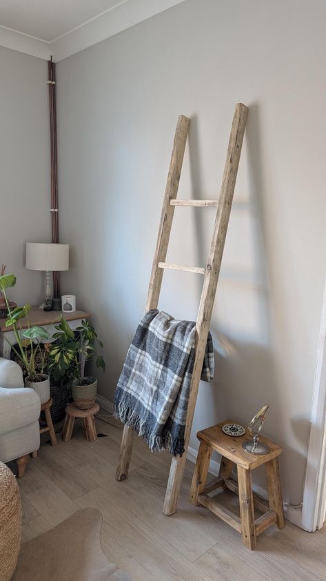 Bring a touch of rustic charm to your home with this hand crafted decorative ladder, perfect for displaying blankets, towels, or decorative accents.  Handcrafted from aged European-whitewood with a distressed finish, this ladder adds warmth and character to any space. Whether leaning against a wall in your living room, bedroom, or bathroom, it's a stylish and functional addition to your home decor. As this wood is reclaimed, it may show the marks of its previous life like all of our products - such as, knocks, scuffs, cuts, dents, drill holes, rings, and the odd water mark. Alterations in finish or dimensions are welcome. Displaying Blankets, Decorative Ladder, Water Mark, Previous Life, Decorative Accents, Storage And Organization, Ladder Decor, Rustic Charm, Storage Organization