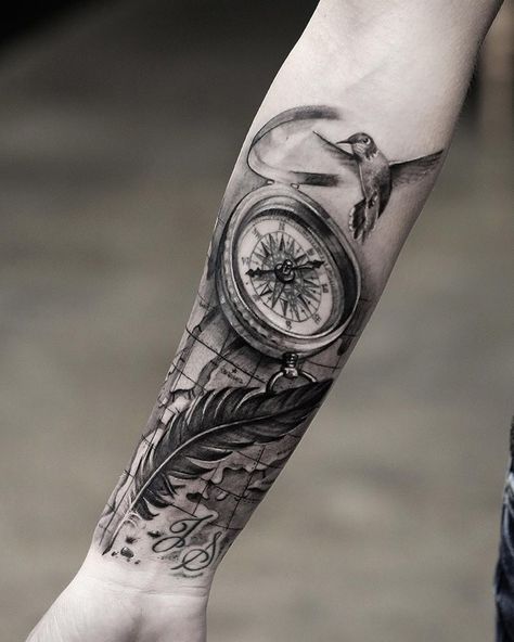 Compass flying bird and feather forearm tattoo design ideas  #compass #tattoo #design #ideas #men #meaning Sextant Tattoo, Compass Tattoo Meaning, Date Tattoos, Compass Tattoo Design, Map Tattoos, Biomechanical Tattoo, Tattoo Zeichnungen, Forearm Tattoo Design, Tattoo Collection