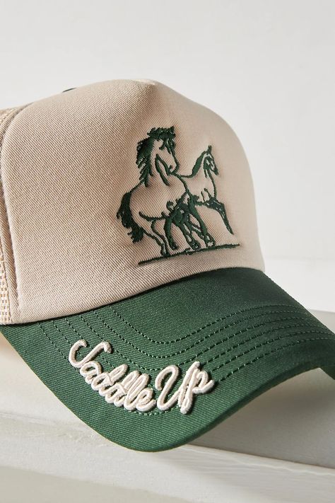 Worn/West Saddle Up Trucker Hat | Anthropologie Hats For Men Caps, Trucker Hat Pins, Cute Trucker Hats For Women, Embroidered Trucker Hats, Country Hats For Women, Western Trucker Hats, Cute Hats For Women, Trucker Hat Women, Hat Design Ideas