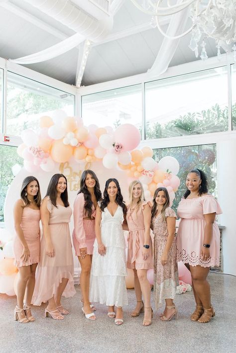 Kara's Party Ideas Pretty Pink & Orange Bridal Shower | Kara's Party Ideas Bridal Shower Pastel Outfits, Pink And Peach Bridal Shower Decor, Pastel Pink Bridal Shower Ideas, Light Pink Bachelorette Party Outfit, Peach Bridal Shower Theme, Pink Bridal Shower Dress For Bride, Bridal Shower Peach Theme, Cute Bridal Shower Outfits, Bride To Be Dresses Bachelorette Parties