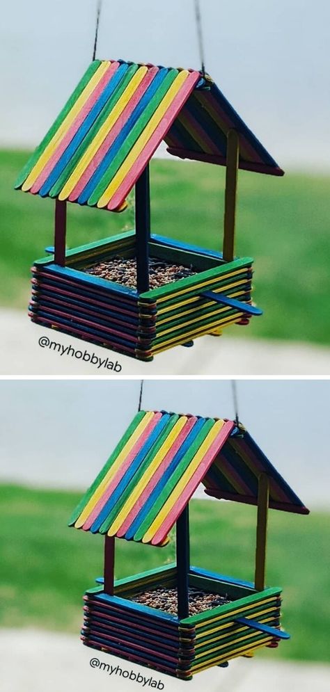 Birdhouse Popsicle Sticks, Crafts Sticks Ideas, Cool Crafts With Popsicle Sticks, Diy Elementary Crafts, Diy Birdhouse Popsicle Sticks, Popsicle Stick Bird House Diy, Bird Houses Popsicle Sticks, Crafts From Popsicle Sticks, Craft Stick Bird Feeder