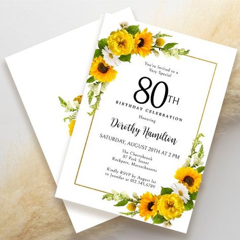 $2.70 | Yellow Sunflower White Daisy Floral 80th Birthday | Summer Birthday Invitations | elegant watercolor yellow sunflower, white daisy flower, yellow peony peonies, greenery foliage green leaves, rustic boho chic bohemian, gold frame, summer spring fall autumn, traditional elegant classic pretty, adult birthday man woman, 80th birthday party invite invitation Summer Birthday Party Invitations, Yellow Peony, Summer Birthday Invitations, Birthday Elegant, Birthday Man, 90th Birthday Invitations, 60th Birthday Party Invitations, 30th Birthday Party Invitations, 40th Birthday Party Invites