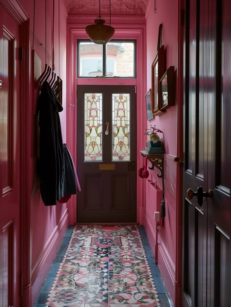 Pink Hallway Ideas, Style An Entryway, Small Entryway Ideas, Pink Hallway, Stylish Entryway, Floor To Ceiling Cabinets, Victorian Hallway, Victorian Floor, Airbnb Design