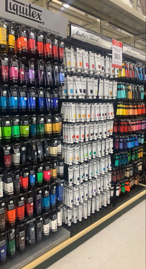 Acrylic paint on the shelf at hobby lobby Paint Supplies Aesthetic, Art Tools Aesthetic, Painting Supplies Aesthetic, Art Store Aesthetic, Art Materials Aesthetic, Aesthetic Art Supplies, Paint Ideas On Canvas, Color Painting Ideas, Art Supplies Aesthetic