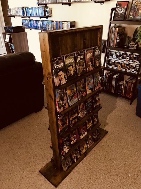 Vhs Display Ideas, Vhs Shelf, Vhs Ideas, Vhs Storage, Vhs Display, Retro Room, 80s Aesthetic, Unique House Design, Media Storage