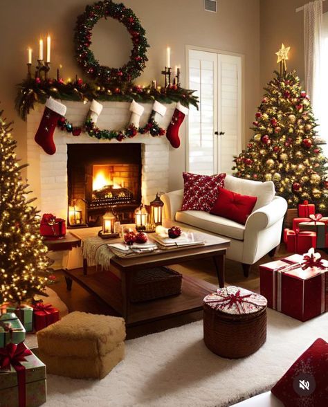 Christmas Decorations Ideas Living Room, Aesthetic Christmas Decor Living Room, White Gold And Red Christmas Decor, Winter Living Room Aesthetic, Christmas Lounge Decor, Christmas Traditional Decorations, Christmas Decorating Ideas For The Home, Christmas Decor Ideas For Living Room Cozy, Christmas Living Room Aesthetic