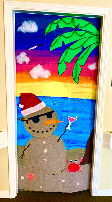 Actual beach sand, painted background,  paper cutouts of snowman’s glasses, crab, palm tree, sunset, martini glass, Beach Christmas Office Decorations, Santa On Vacation, Christmas In July Classroom Ideas, Christmas In Florida Decorations, Mele Kalikimaka Door Decorations, Tropical Christmas Door Decorations, Beach Christmas Door Decorating Contest, Beach Door Decoration, Christmas Cruise Door Decorations