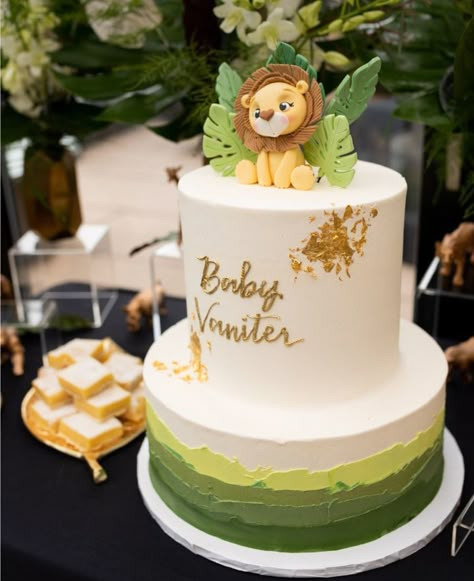 Simple Jungle Theme Cake, 1st Birthday Cake Jungle Theme, Lion Baby Shower Cake, Lion Cake For 1st Birthday, 3 Tier Safari Themed Cake, Lion Baby Shower Theme, Pastel Safari, Jungle Theme Cream Cake, Jungle Baby Shower Cake