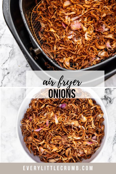 Air Fryer Haystack Onions, Onions Air Fryer Recipes, Carmelized Onions In The Air Fryer, Air Fryer Grilled Onions, Airfryer Crispy Onions, Air Fryer Crispy Fried Onions, Air Fry Onions, Air Fryer Caramelized Onions, Onion Strings Air Fryer