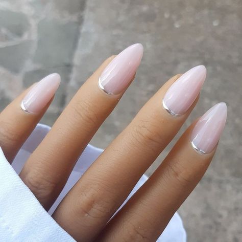 Silver Cuff Nails, Minimalist Nail Art Almond, Cuff Nails, Custom Press On Nails, Acrylic Press On Nails, Nails Pink, Oval Nails, Nails Long, Neutral Nails