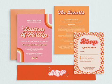 Retro 1970s wedding invitations - printed wedding invites - Groovy 70's wedding stationery - retro wedding Boho Retro Wedding Invitations, 70s Retro Wedding Invitations, 70s Wedding Invite, 70s Wedding Invitation, Retro Wedding Invites, Colourful Invitations, Retro Wedding Stationery, Sienna Wedding, Groovy Wedding