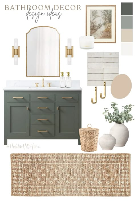 How stunning is this bathroom mood board featuring a green vanity! I love the color palette of this bathroom! It would be perfect for a main bathroom or even a powder bath! Bathroom design inspiration Neutral Color Master Bath, Half Bath Green Vanity, French Farmhouse Master Bath, Warm Bathroom Colors Earth Tones Master Bath, All White Bathroom With Pop Of Color, 36 Vanity Bathroom, Natural Bathroom Design Earth Tones, Green Cabinets Bathroom, Bathroom Wood Vanity