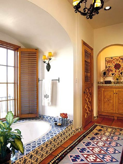 Mexi-Living: Decorative Ideas For The Mexican Home | Juan of Words Spanish Style Bathrooms, Spanish Bathroom, Hacienda Style Homes, Spanish Decor, Mexican Home Decor, Bad Inspiration, Mexican Home, Spanish Style Home, Dekorasi Kamar Tidur